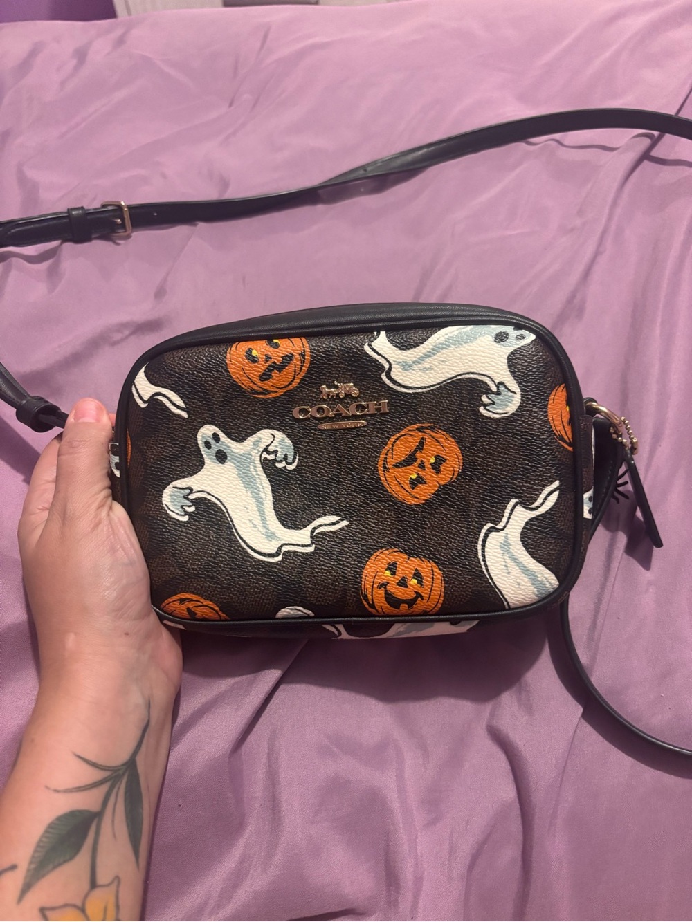Coach Brown Crossbody Bag with White Ghosts & Orange Pumpkins